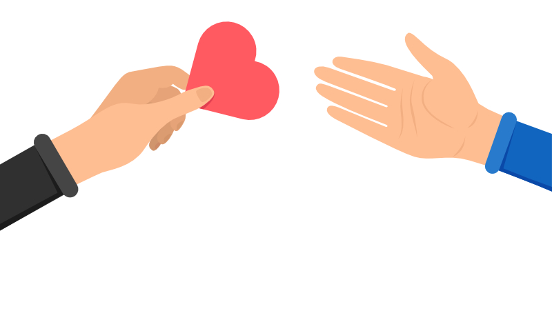 donation illustration with two hands exchanging a symbolic heart